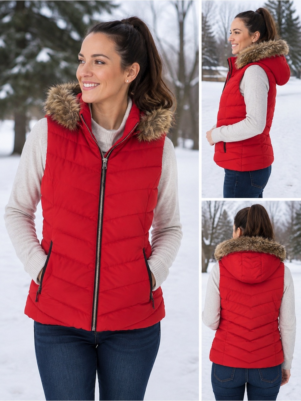 GAP Women’s Red Puffer Vest Faux Fur Hood Size L